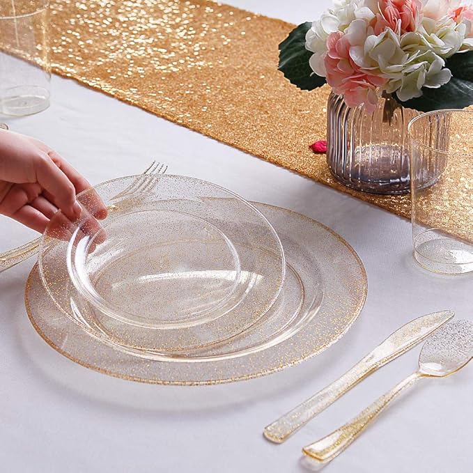 WDF 120PCS Gold Plastic Plates- Disposable Gold Glitter Plates, Premium Heavy Duty 60-10.25" Dinner Plate and 60-7.5" Salad Plate for Wedding Baby Shower Spring Birthday