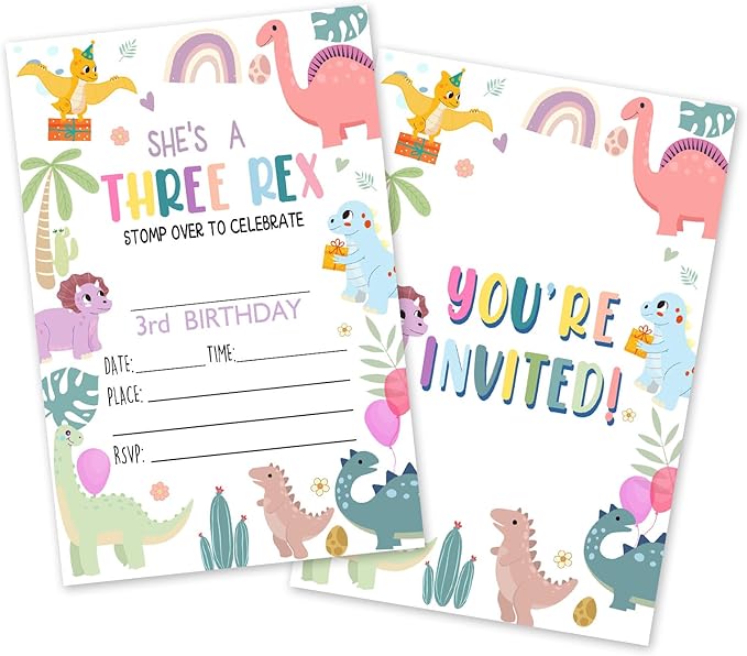 3rd Birthday Invitations, 25 Dinosaur Party Invites Cards with Envelopes, Double-Sided Fillable, Birthday Invitations for Girls, Birthday Party Supplies (4 x 6 Inch) -A09