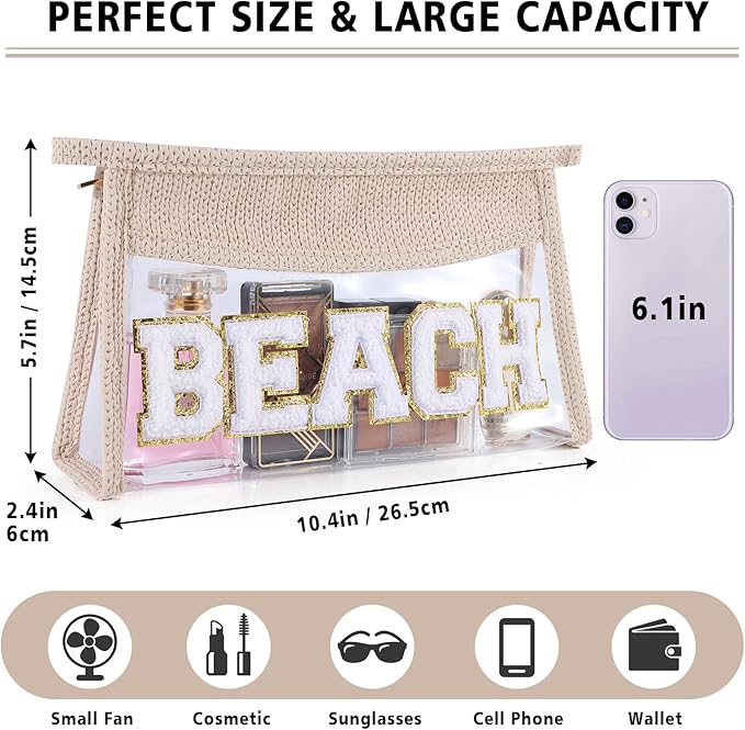 Beach Pouch Sunscreen Clear Makeup Bag Chenille Letter Beach Cosmetic Pouch Summer Essential Cute Toiletry Pouch Travel Accessories Gifts for Women