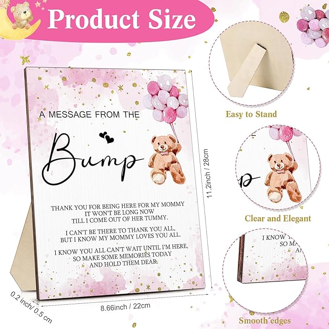 Roowest Cool Baby Shower Tabletop Decoration a Message from the Bump Wooden Baby Shower Games Sign Greenery Cute Gender Reveal Party Thank You Sign, 11.2 x 8.66 Inches(Girl Bear)