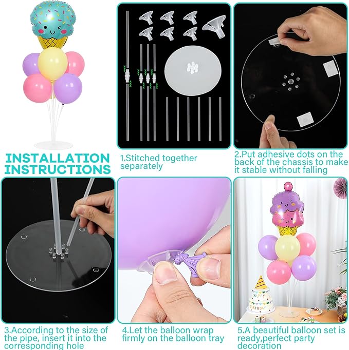 4 Sets Ice Cream Birthday Party Balloons Stand Kit with Ice Cream Foil Balloons Macaron Theme Party Ball Balloon Centerpiece for Tables for Summer Themed Birthday Baby Shower Decoration