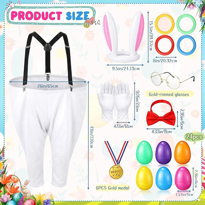 Vinsot 16 Pcs Easter Granny Pants Yard Game Set Oversized Granny Pants with Colorful Easter Eggs, Bowtie, Bunny Ears and Tail, Outdoor Tossing Game Bunny Suit for Spring