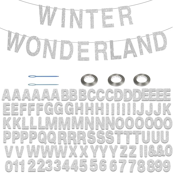 116 Pcs DIY Glitter Custom Banner Kit - Customize with 111 Letters and Numbers, 3 Rope, 2 Threading Devices for Personalized Winter Wonderland Birthday Decor (Silvery)