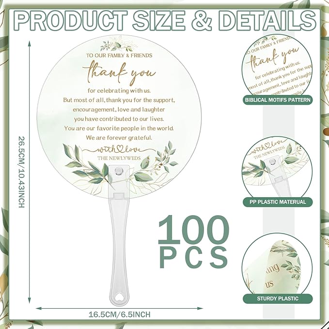 100 Pcs Wedding Hand Fans for Guests Bulk Decorative Plastic Handheld Wedding Favor Fans with Handle Thank You for Celebrating with Us for Ceremony Bridal Shower Party Decor(Leaf)
