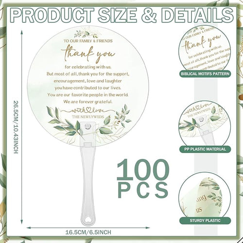 100 Pcs Wedding Hand Fans for Guests Bulk Decorative Plastic Handheld Wedding Favor Fans with Handle Thank You for Celebrating with Us for Ceremony Bridal Shower Party Decor(Leaf)