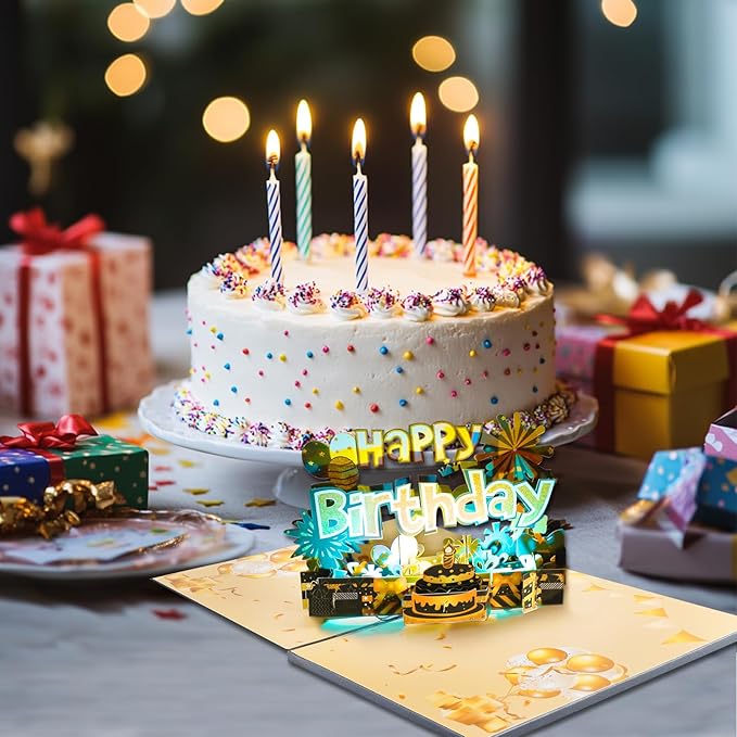 Chocolate-Colored Gilded Cake Music Playing Pop Up Happy Birthday Greeting Card with LED Light, Love Gift for Adult and Kid with Blank Note & Envelope, Celebration for Daughter, Son, Mom, Dad