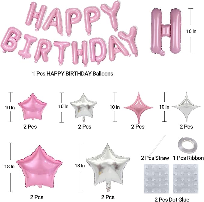KALOR Pink and Silver Happy Birthday Balloons Kit with 16 Inch Mylar Foil Letters Balloon and Star Balloons for Birthday Party Decorations Photo Booth Backdrop