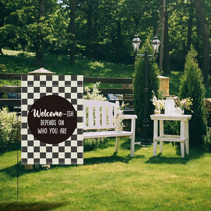 Funny Garden Flag for Outside Yard Veranda Patio Outdoor Welcome-Ish Depends On Who You Are Double Sided Garden Flag 12 x18 inches