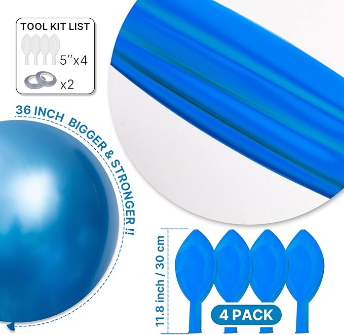 PartyWoo Metallic Blue Balloons 4pcs 36 Inch Chrome Blue Latex Helium Balloons for Graduation Wedding Baby Shower Engagement Baby Shower Wedding Bachelorette Birthday Party Decorations Blue-G106