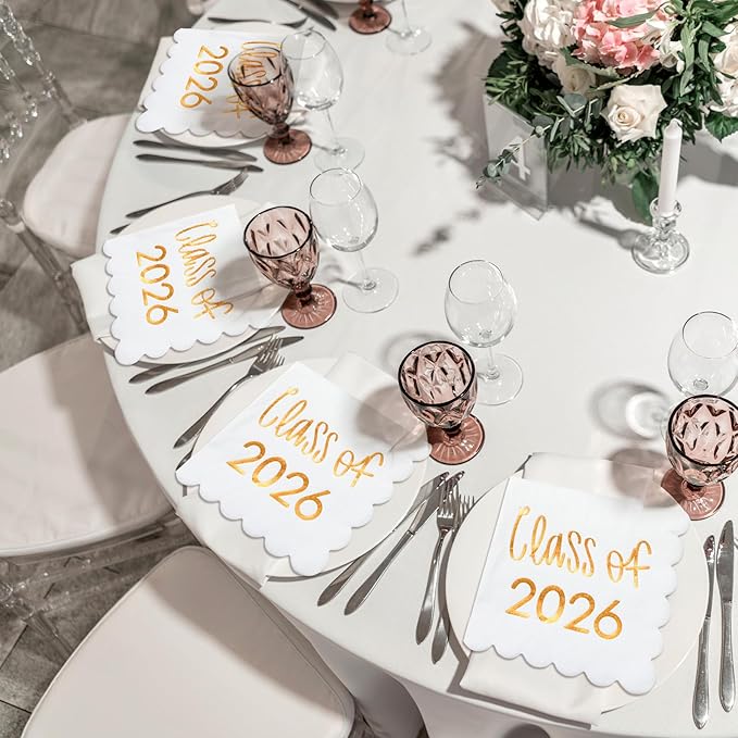 100 Pcs Class of 2026 Graduation Cocktail Napkins 5 x 5 Inch Congrats Grad Scalloped Paper Napkins for Dinner Beverage Graduate Decorations(Orange)