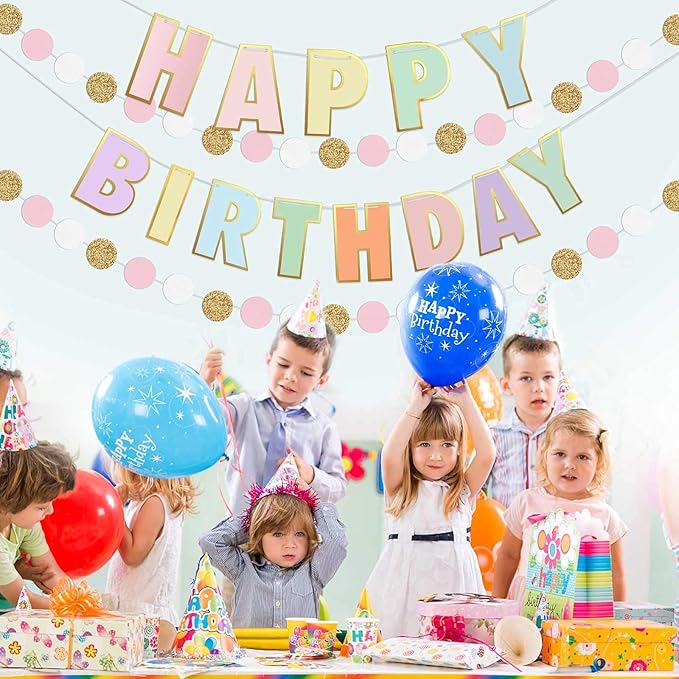 Pre-Strung Happy Birthday Banner and Decorations-Girls Toddler Birthday Decorations-Happy Birthday Banner and Dot Garland Pastel Colors
