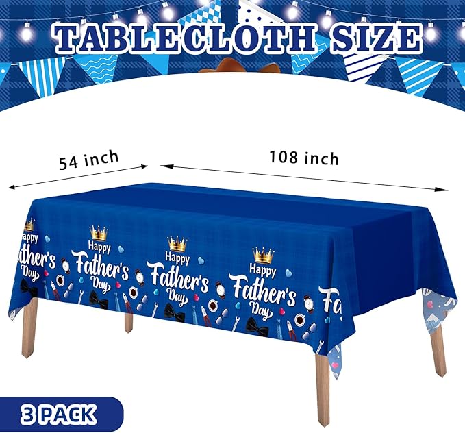 3-Pack Father's Day Tablecloth, Fathers Day Party Decorations, 54" x 108" Blue Plastic Disposable Table Covers, Father's Day Party Supplies