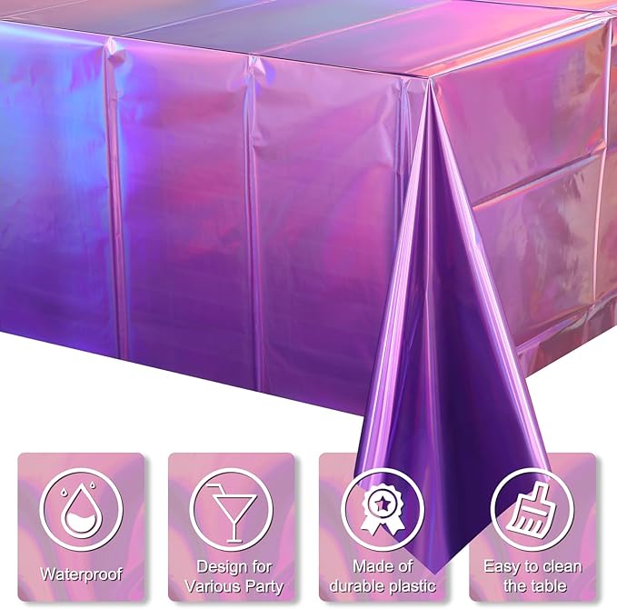6 Pack Ombre Iridescent Pink and Purple Plastic Tablecloths, Shiny Disposable Laser Rectangle Table Covers Holographic Foil Tablecloth Iridescent Kpop Birthday Bridal Party Decoration, 54x108 Inch