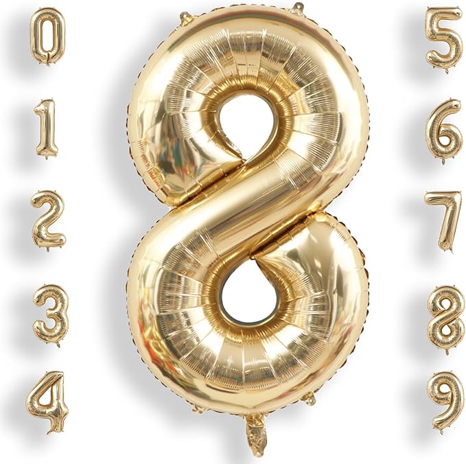 AULE 40 Inch Large 8 Balloon Numbers Light Gold, Big Foil Number Balloons, Giant Helium Happy Birthday Party Decorations for Man and Women, Huge Mylar Anniversary Party Supplies