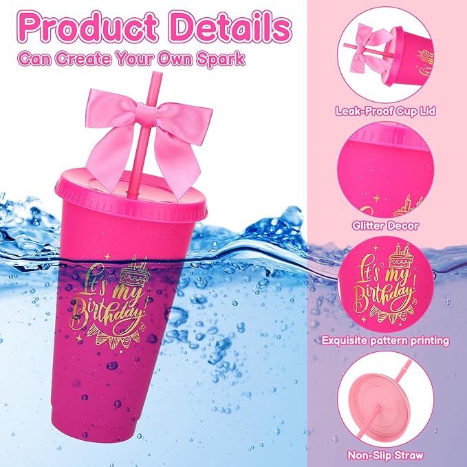 12 Pcs Birthday Party Tumblers, 24 oz Reusable Plastic Cups with Lids and Straws and Bows for Birthday Decorations Party Favor Pink