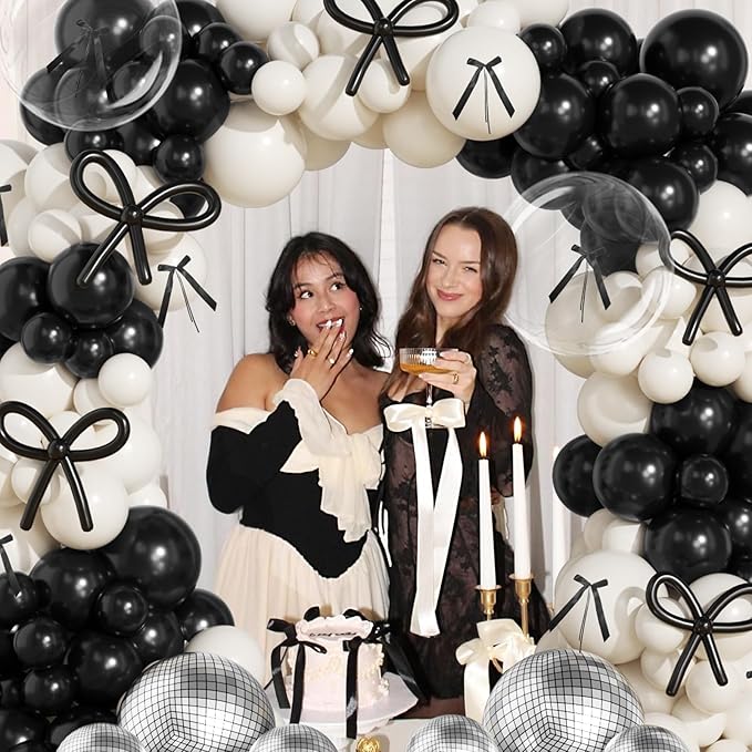 JOGAMS 175Pcs Black Bow Balloons Arch Kit with 260 Clear Disco Ball Balloons Black Ribbon Bow for Bow Coquette Birthday Baby Shower Decorations Bachelorette Bridal Shower Party