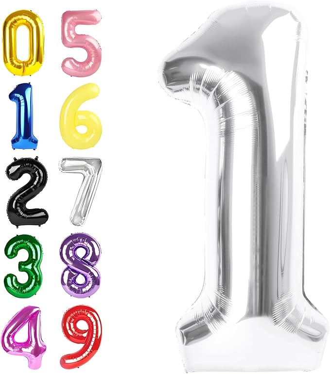 40 Inch Number 1 Balloon, Silver Balloons for Birthday Party Decoration, Foil Number 1 Ballon for 1, 10, 11, 12, 13, 21, 100 Celebration, Boy and Girl Birthday, Baby Shower, Anniversary Decor