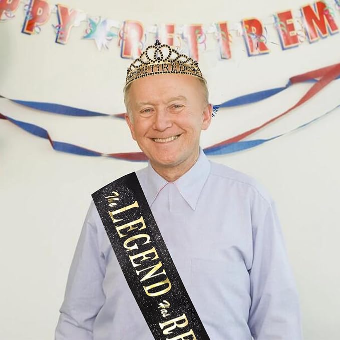 SuPoo Retirement Party Decorations Retired Sash for Women Black Gold Retired Tiara Crown Rhinestone Headband Retirement Gifts The Legend Has Retired Sash for Both Women and Men Party Supplies Favors