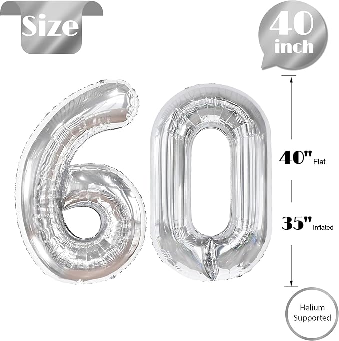60 Balloon Number, Silver Number 60th Birthday Balloons 40 Inch, 60 Years Old Silver Birthday Decorations for Men Women, 60th Anniversary Decorations