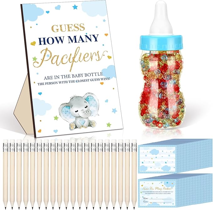 Syhood Blue Color Elephant Theme Baby Shower Games Guess How Many Pacifiers Game Sign 50 Small Guessing Games 20 HB Pencils 750 ml Milk Bottle 400 Pacifiers Decorations Guests Gender Reveal Party