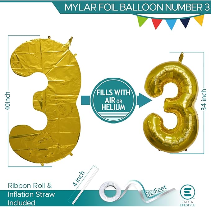 40 Inch Large Gold Number Celebration and Decoration Balloon for Birthday Parties, Graduations, Anniversaries, Weddings, Photo Shoots, Special Events - Helium Foil Mylar (Gold Number 3)