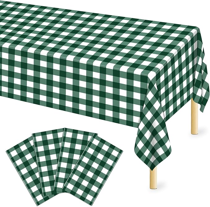 Mulbozy Dark Green Gingham Tablecloth 4 Pack, 54 x 108 Inch Plastic Table Cloth Disposable, Green and White Checkered Table Cover for Party Supplies