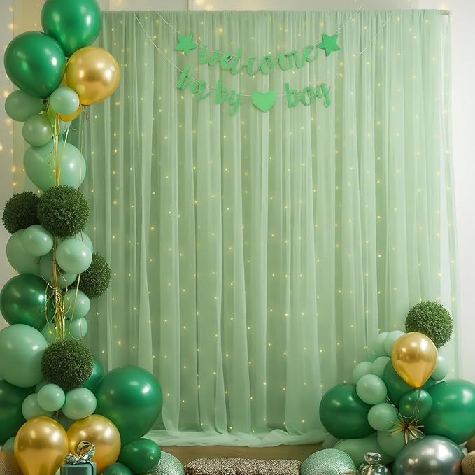 20x10ft Olive Green Tulle Backdrop Curtain with Lights String for Parites, Sheer Backdrop Curtains for Wedding Baby Shower Birthday Party Photo Shoot Decorations