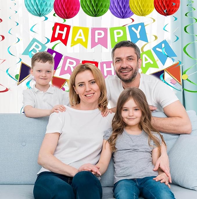 Colorful Birthday Decorations, Happy Birthday Banner with Honeycomb Balls, Stars Hanging Swirl Streamers, Buntings Circle Dots Garland, Party Decorations for Women Men Boys Girls (Colorful)