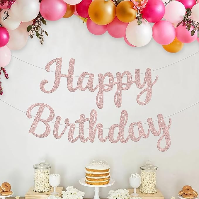 Glitter Happy Birthday Banner Sign Birthday Garland Wall Door Banners Flag for Women Men Boys Girls Party Backdrop Decorations Rose Gold