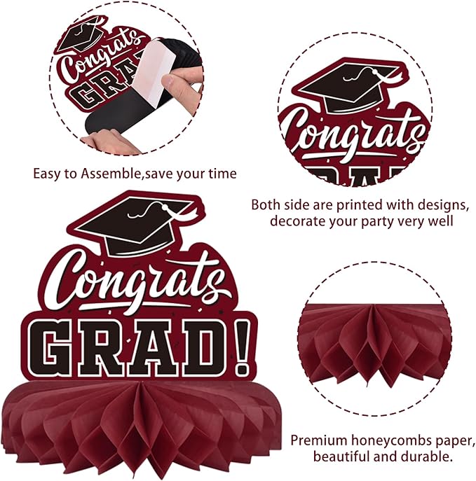 9PCS Graduation Party Decorations Class of 2026 Congrats Grad Table Centerpiece Congratulate Graduation Honeycomb Table Toppers for Graduation Party Supplies(Maroon,Black）