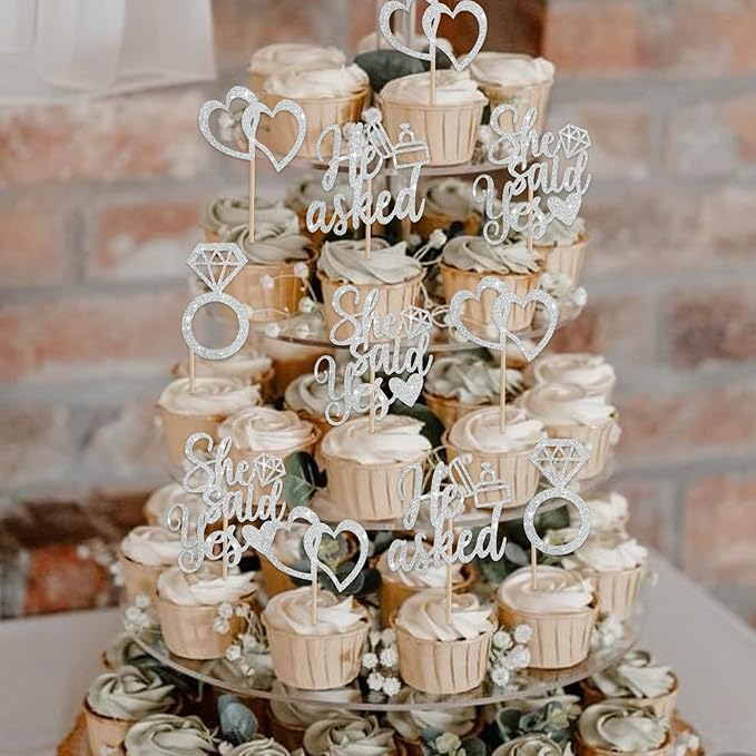BEISHIDA He Asked She Said Yes Cupcake Toppers, 24 Pcs Engagement Cupcake Toppers Glitter Diamond Ring Heart Cupcake Picks for Wedding Engagement Bridal Shower Party Cake Decorations(Silver)