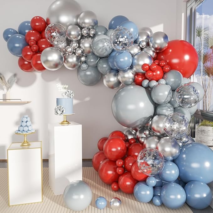 Dusty Blue Gray Red Silver Balloon Arch Kit, 141 Pcs Dusty Blue Retro Grey Metallic Silver Red and Silver Confetti Balloons for Birthday Wedding Baby Bridal Shower