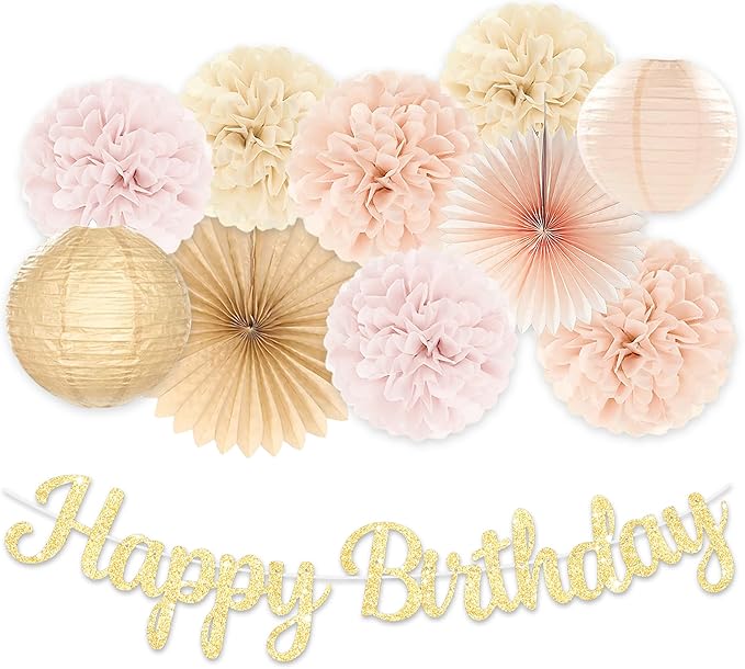 Birthday Decorations for Women, Boho Champagne-Beige 11pcs Balloon Garland, Happy Birthday Banner, Peach Paper Lanterns & Tissue Pom Poms– decoración de cumpleaños para mujer