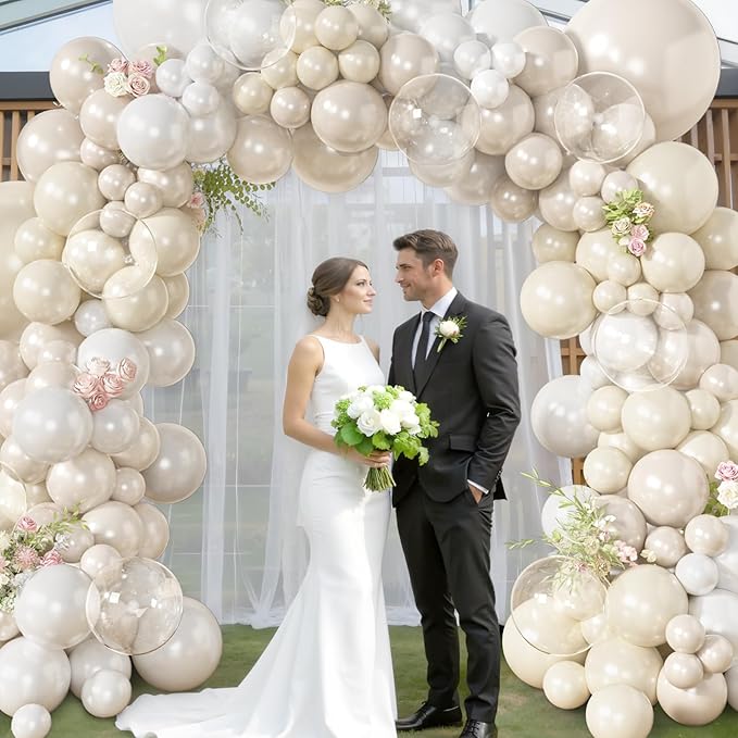 Amandir 173 Pcs Pearl White Balloon Arch Garland Kit, Double-Stuffed Pearl Ivory White Sand Clear Balloons for Wedding Bridal Shower Engagement Anniversary Birthday Party Decorations