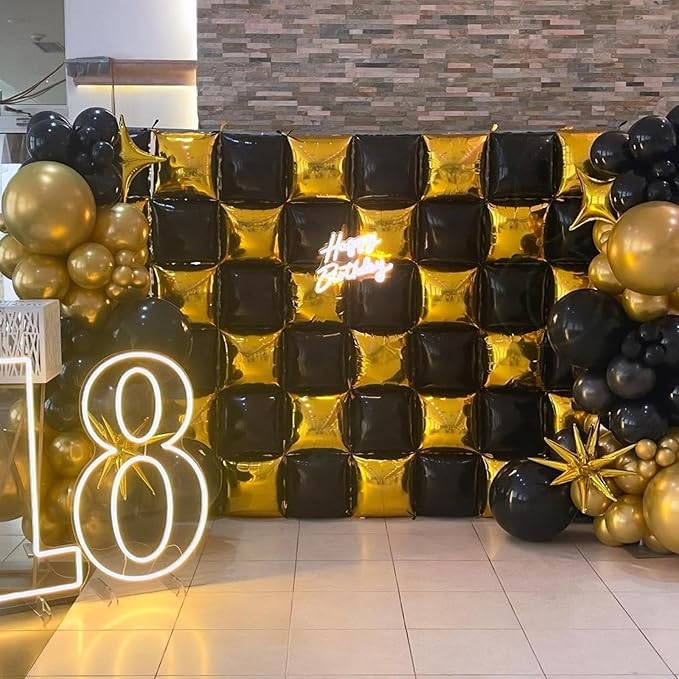 Metallic Gold and Black Double Sided Square Foil Balloons Wall,19 Inches Chrome Foil Balloons Tunnel Arch Kit for Bachelorette, Anniversary, New Year,2026 Graduation,Birthday Party Decorations