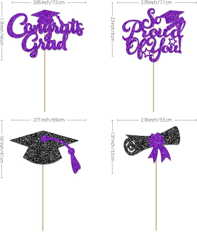 24Pcs Black Purple Graduation Cupcake Toppers 2026, Glitter Grad Cap Diploma Congrats Grad We Are So Proud of You Cupcake Toppers for Class of 2026 Graduation Party Decorations.