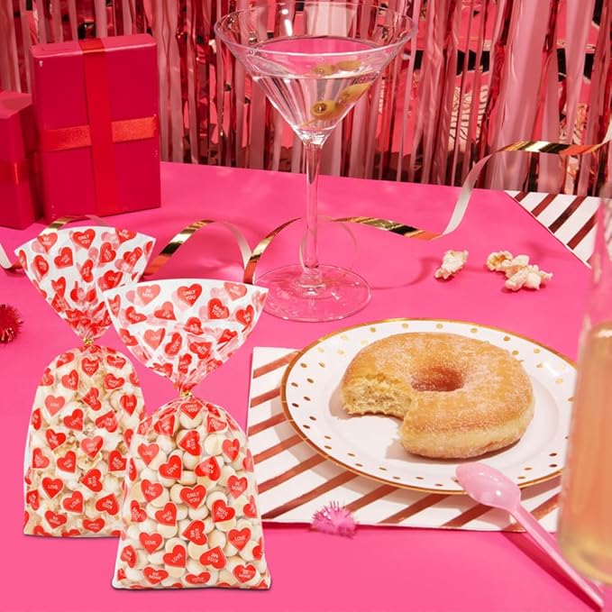 Valentines Treat Bags, 100 PCS Valentines Goodie Bags, Valentines Day Plastic Goodie Candy Goody Cookie Favor Ziplock Cellophane Treat Bags for Classroom Party Small Mini Valentines Gift Bags Bulk