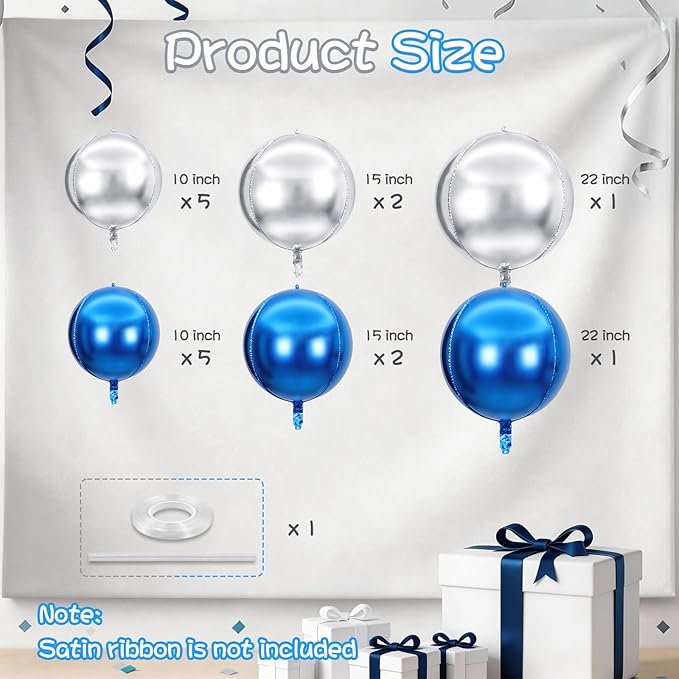 Togvu Blue Silver Round Foil Balloons, 16PCS Different Sizes 4D Metallic Balloon Large Sphere Mirror Ball Balloons for Prom Graduation New Year Birthday Party Wedding Ceiling Decorations Supplies