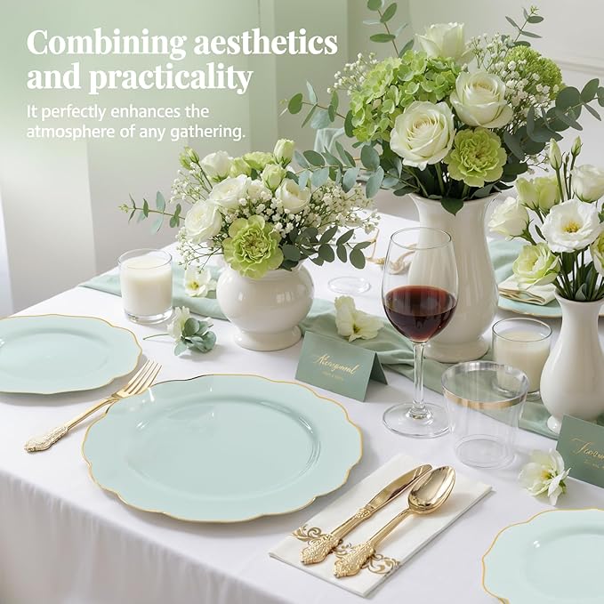 NOCCUR 175PCS Sage Green Plastic Plates with Gold Disposable Silverware - Include 50 Green and Gold Plastic Plates,25 Knives,25 Forks,25 Spoons,25 Cups and 25 Napkins - Easter Day/Spring Party
