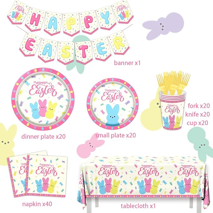 Easter Party Supplies,142Pcs Easter Party Plates,Napkins,Tablecloths Spring Colorful Bunny Tableware Decoration for Spring Holiday Party Favors
