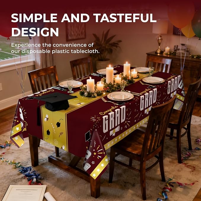 6 Pack Disposable Plastic Tablecloth 54" x 108" Burgundy Class of 2026 Grad Party Table Cloths Disposable for 6 to 8 Foot Tables Graduation Party Indoor or Outdoor (Graduation Burgundy)