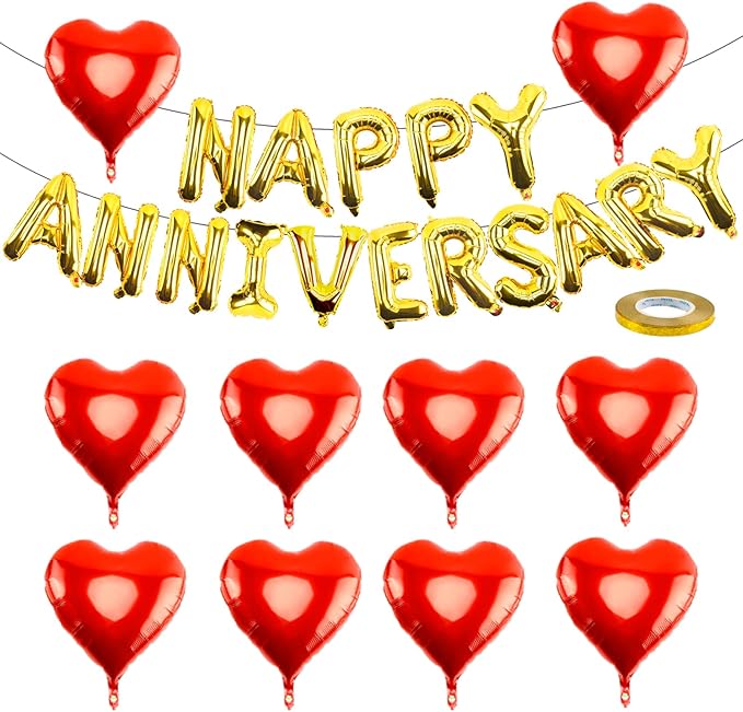 Happy Anniversary Balloons - 16 Inch Gold Anniversary Letters Banner & 18 Inch Heart Balloons, Perfect for Room Wedding or Party Decor