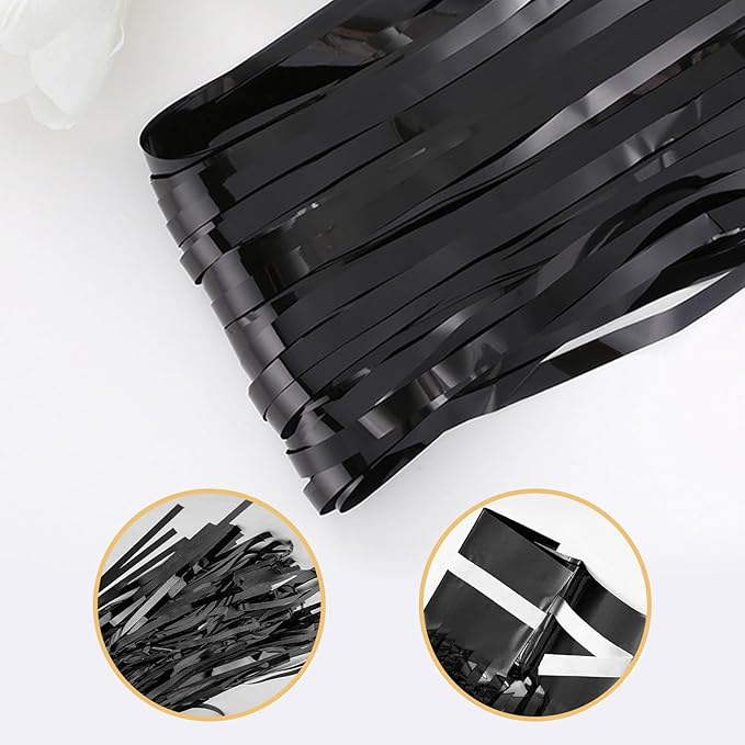 6 Pack Black Foil Curtain Backdrop 3.2ft x 6.6ft Metallic Tinsel Fringe Backdrop Curtains Streamer Photo Booth Backdrop for Birthday Engagement Bachelorette Christmas Holiday Party Decorations