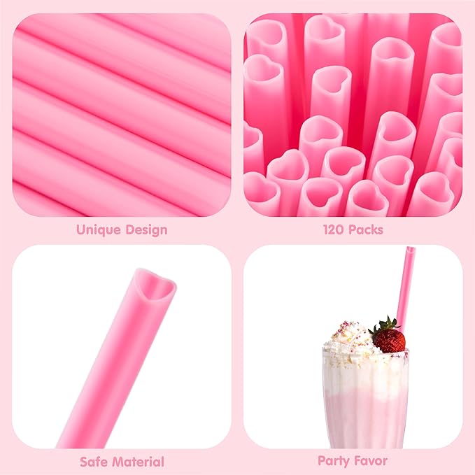JOYIN 120 PCS Valentine Heart Shaped Pink Straws, Reusable Drinking Cute Straw for Valentine's day Cocktail, Birthday Party, Bridal Shower, Wedding Supplies, Valentine Party