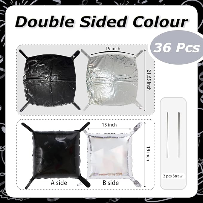 36PCS Square Foil Balloon Wall Backdrop,19 inch Double-Sided Metallic Balloons for Party,Wedding,Anniversary,Birthday,Graduation,Halloween,Shiny Balloon Decor (Black&Sliver)