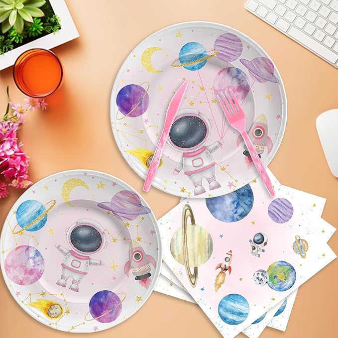 140PCS Space Themed Paper Plates Party Supplies Decorations, Supplies for Girls Baby Birthday Party Decorations Pink Moon Star Outer Space Planet Theme Plates Set for 20 Guests