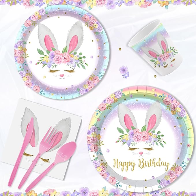 MEHOFOND 192pcs Bunny Birthday Decorations Easter Plates and Napkins set Rainbow Bunny Birthday Party Supplies Spring Easter Plates Bunny Party Dinnerware Tableware