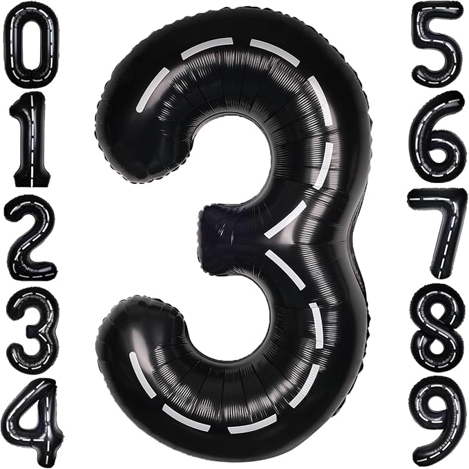 Race Car 40Inch Black 3 Balloon Number Large Helium Race Track 0-9 Giant Digital 3rd Foil Mylar Big Party Number Balloons for Boy Birthday Car Theme Party Anniversary Graduation Decorations