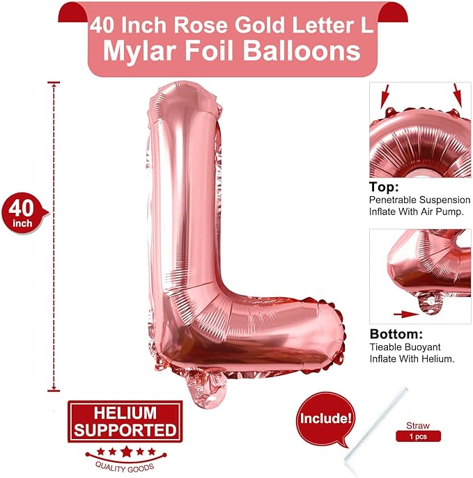 Lovoir 40 Inch Large Rose Gold Letter L Balloons Big Size Jumbo Mylar Foil Helium Balloon for Birthday Party Celebration Decorations Alphabet Rose Gold L