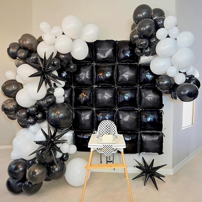 Black Square Foil Balloons Wall, 25PCS Double Sided Metallic Chrome Black Foil Square Balloon Backdrop Tunnel Arch Kit Background Decor for Birthdays Graduation New Year Racing Theme Halloween Wedding